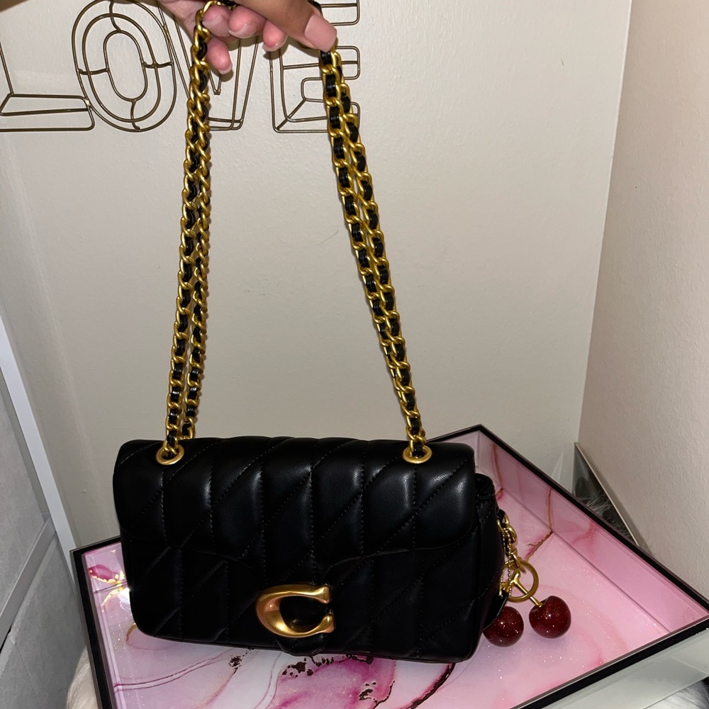 Coach Tabby 26 Black Quilted Chain Shoulder Bag ( Cherry Keychain Included )